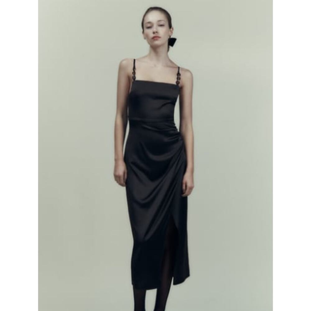 Zara Black Satin Effect Midi / Maxi Dress Gold Chain Spaghetti Straps Medium